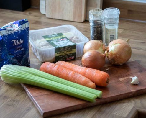 Soup ingredients on a chopping board