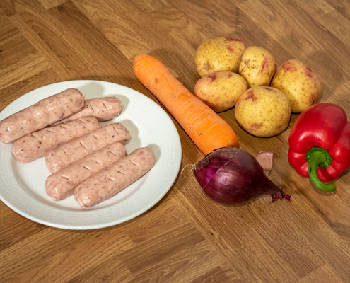 Pan-fried sausage and veg ingredients